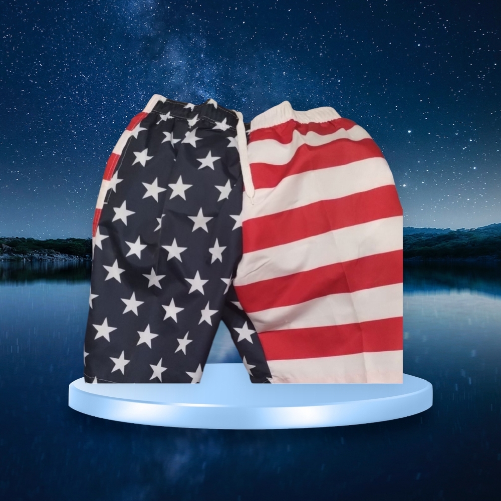 Patriotic Star and Stripe swim trunks